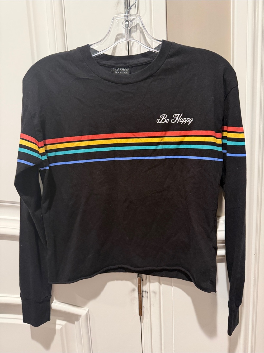 Topshop "Be Happy" Black Long-Sleeve Tee with Rainbow Stripes